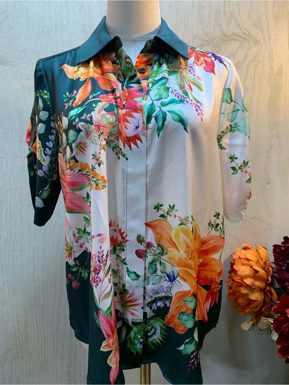 Rachel Zoe Floral Button-Down Shirt in White and Green with Orange Accents